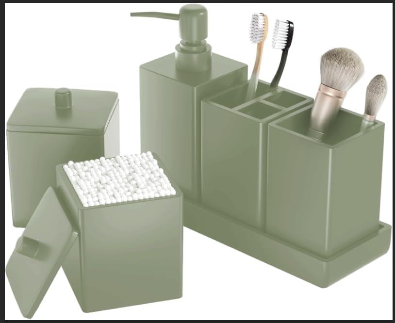 Bathroom Accessories Set Resin 6PCS, Square Toothbrush Holders Set Complete with Soap Dispenser, Vanity Tray, Tumbler, Cups and Cotton Swab Jars (Sage Green, Resin Bath 6 PCS)