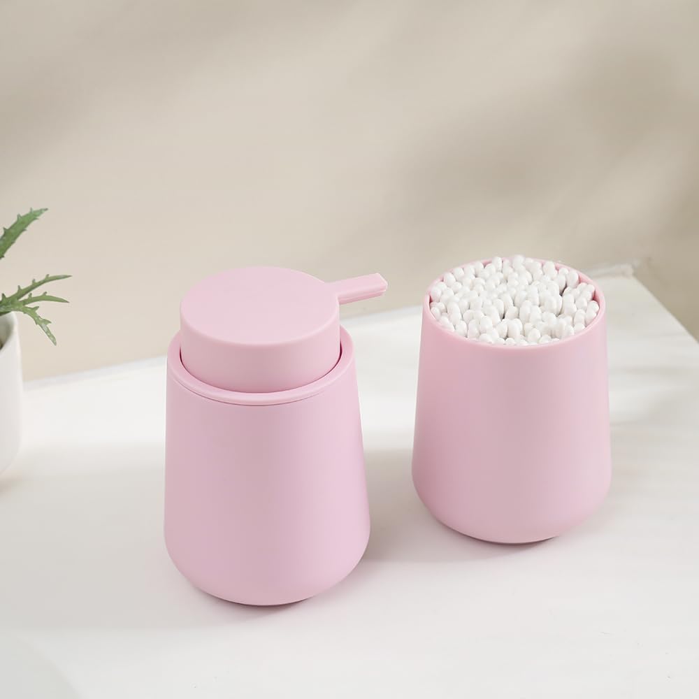 Matte Pink Bathroom Accessories 2 Piece Set Plastic Soap Dispenser and Toothbrush Holder for Modern Bathroom Decor