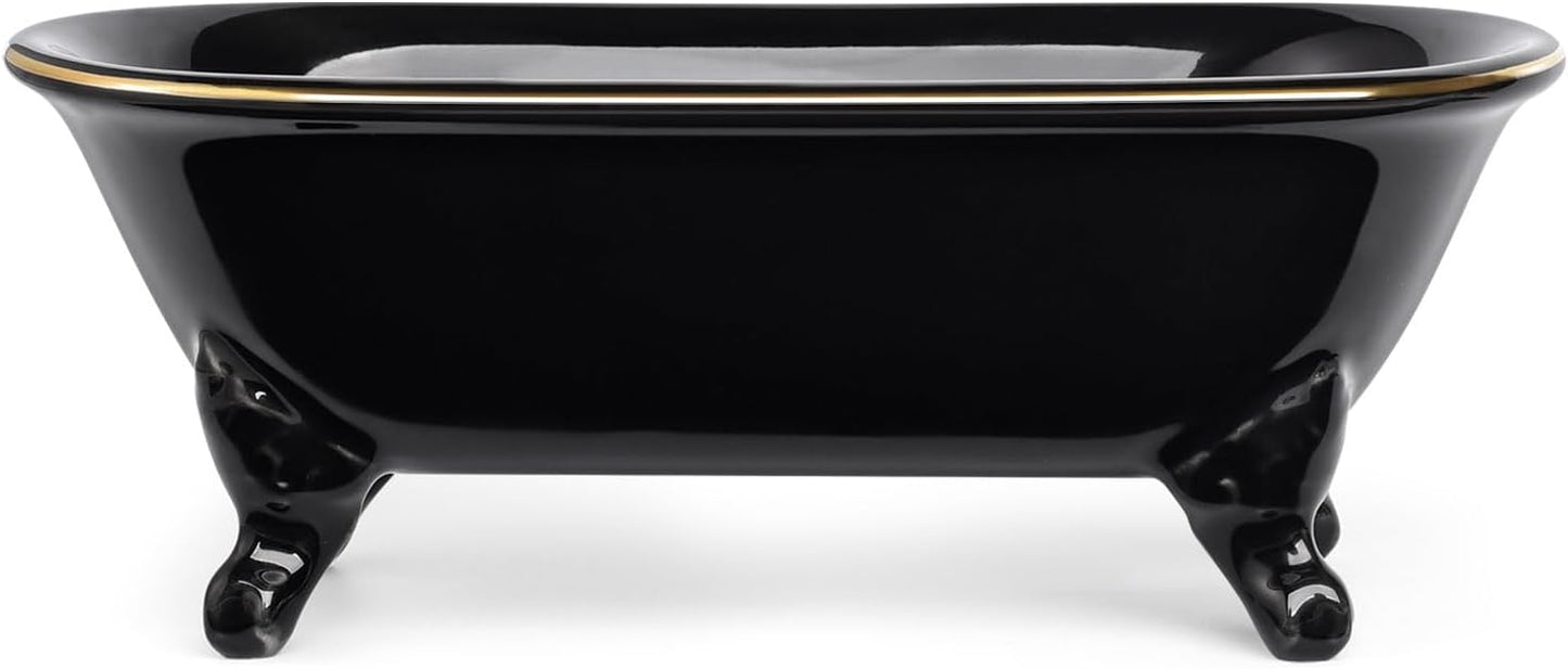 6.5" Ceramic Mini Decorative Clawfoot Bathtub Bar Soap Dish, Kitchen Sponge Holder and Shower Tray for Bathroom, 1 Pack (Black Gold Rim)
