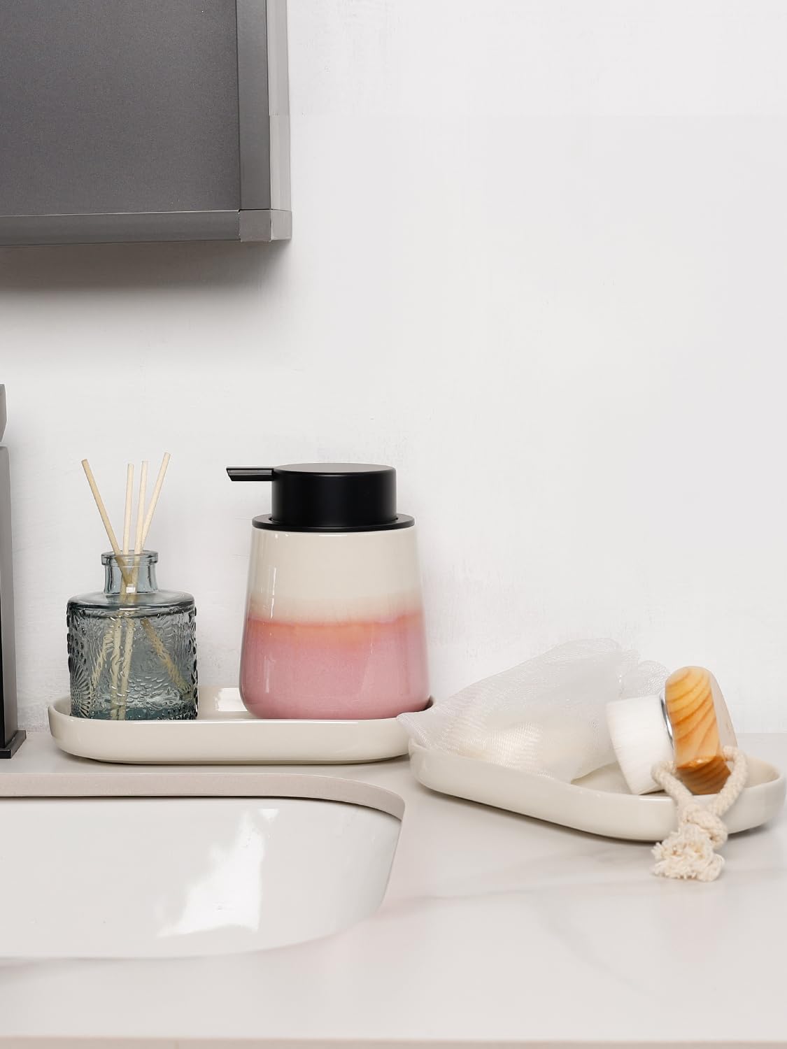 INGOFIN 7" Ceramic Bathroom Vanity Tray Set- 2 Pcs Bathroom Organizer Countertop Tray for Perfume, Jewelry, Small Kitchen Counter Soap Tray, Decorative for Bathroom Vanity and Toilet Tank, Beige