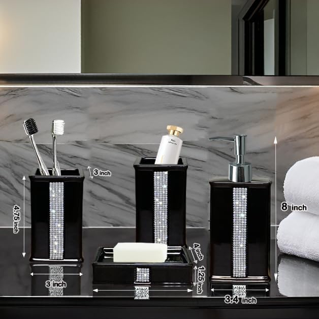 Bath Accessories Sets for Bathroom,Black Bathroom soap Dispenser Set,Ceramic Liquid Dispenser Pump, 2 Tumbler Cup,Soap Dish-Bathroom Home Decor Clearance (12 Ounce Black)