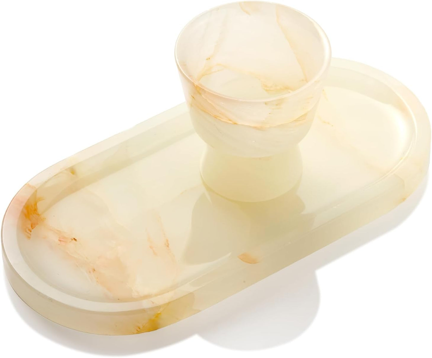 Natural Marble Decorative Tray for Countertop Organizer,Vanity Tray Trays for Jewelry Perfume Candle, Luxury Oval Stone Dish for Bathroom, Bedroom, 9.8"x4.4" Catchall Tray, White Orange