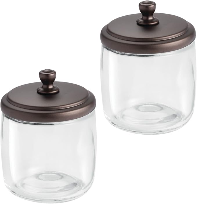 mDesign Small Apothecary Organizer Canister Jars - Glass Containers with Steel Lid for Bathroom, Organization Holder for Vanity, Counter, Hamill Collection - 2 Pack - Clear/Bronze