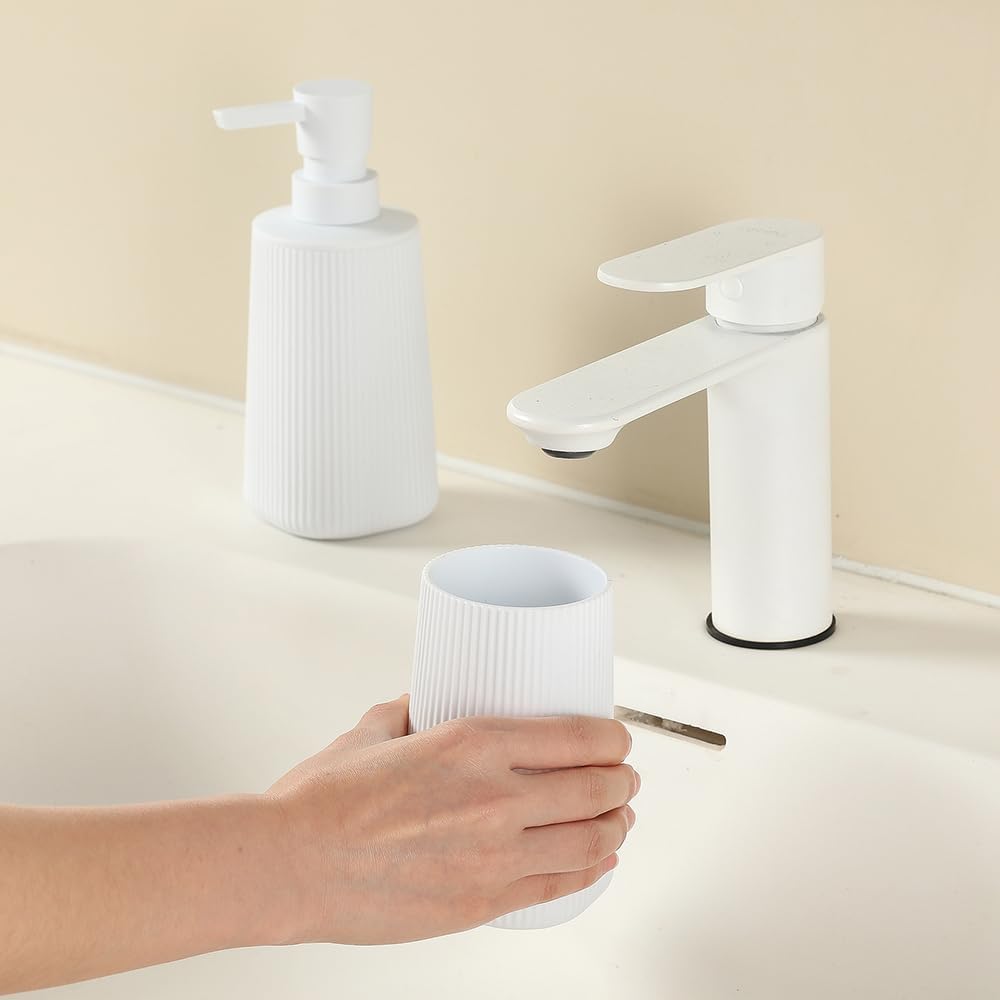 Bathroom Accessories 2 Piece Soap Dispenser and Toothbrush Holder Set Striped White