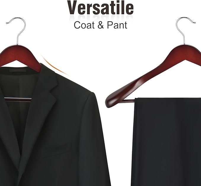 TOPIA HANGER Wide Shoulder Wooden Hangers, Suit Hangers with Non Slip Pants Bar & 360° Swivel Hook, Solid Wood Heavy Duty Coat Hanger, 6 Pack (Matte Cherry)-CT02C