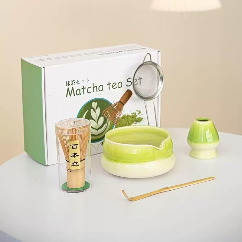 Premium Matcha Tea Set - 5 Pcs with Kiln-Transformation Glaze Ceramic Bowl, Prong Bamboo Whisk, Scoop, Sifter & Holder | Authentic Japanese-Style Tools (yellow-green)