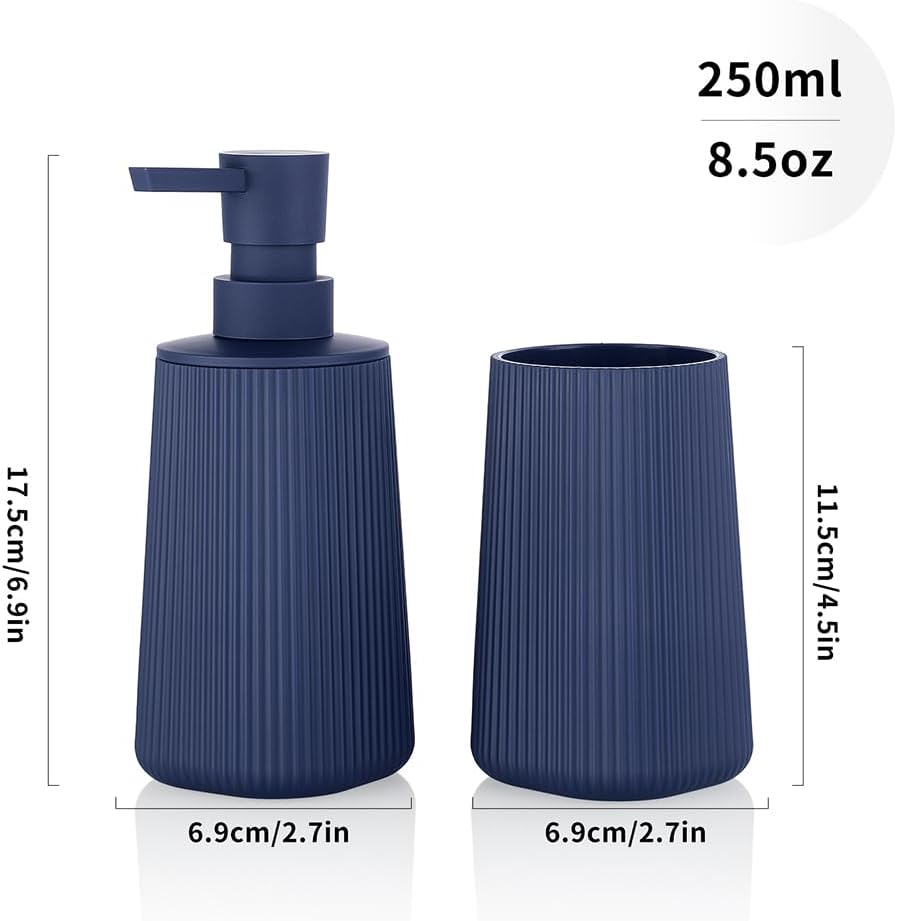 Bathroom Accessories 2 Piece Soap Dispenser and Toothbrush Holder Set Striped Navy Blue