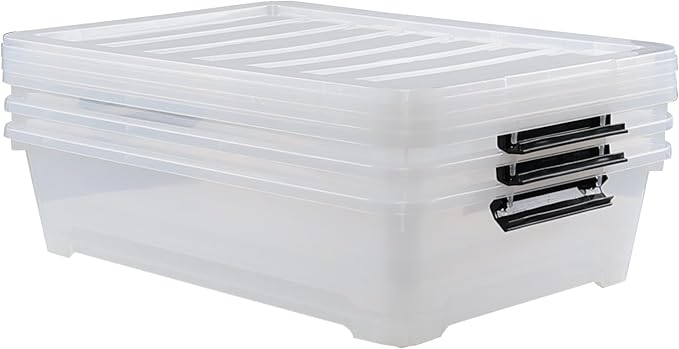 Gloreen 3-Packs Plastic Underbed Storage Bins with Lids, 40 Quart Latch Storage Box