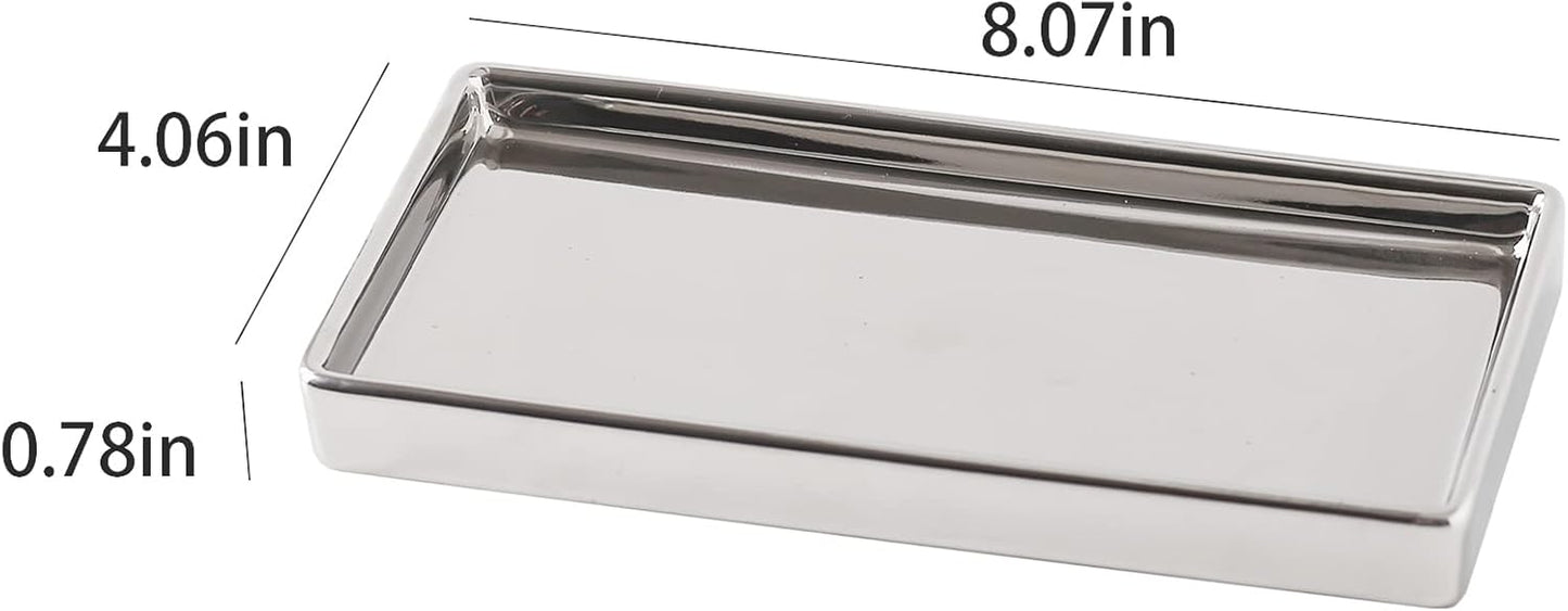 Jewelry Dish Tray Ceramic Trinket Tray Rectangte Vanity Makeup Mirror Tray Silvery