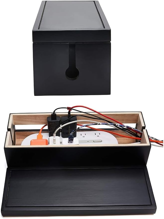 Changsuo Cable Management Box Wooden Cord Organizer Box for Extension Cord Power Stripe Surge Protector Wire Management Concealer Organizer Cover Hider for Desktop Home Office Kitchen (Black)