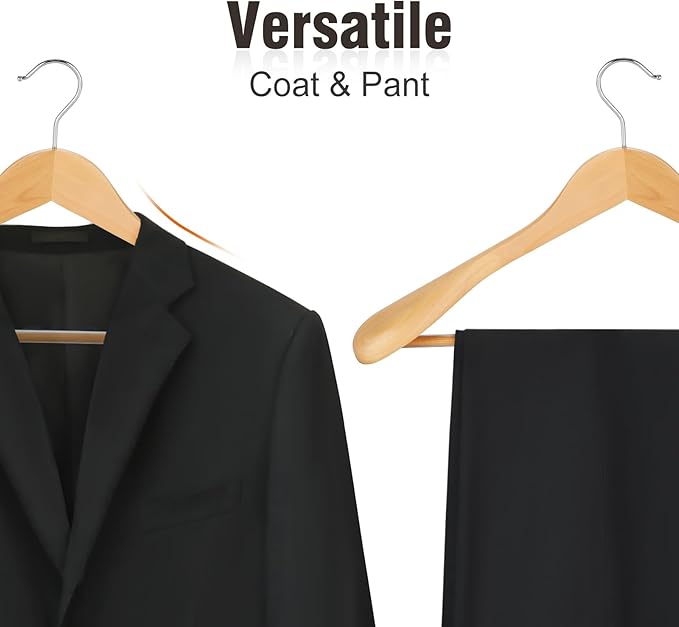 TOPIA HANGER Wide Shoulder Wooden Hangers, Suit Hangers with Non Slip Pants Bar & 360° Swivel Hook, Solid Wood Heavy Duty Coat Hanger, 6 Pack (Natural)-CT02NA