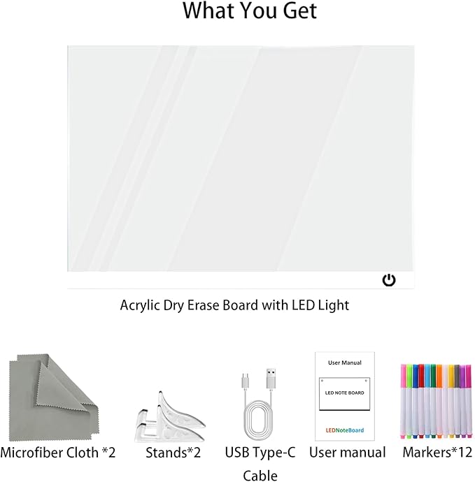 LED Note Board with Colors 12-Color Illuminated Acrylic Drawing Board - Dry-Erase Night Light with Stand for Home/Office/Gift/Festival (12" W x 8.5" H (White))