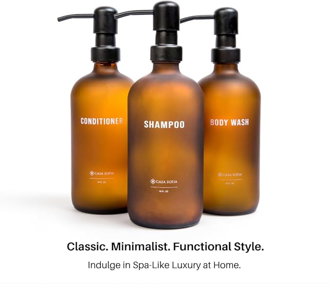 Frosted Amber Glass Shampoo and Conditioner Dispenser Set – Refillable 16 OZ Bottles with Pump, Concrete Tray Included – Modern Bathroom Organization