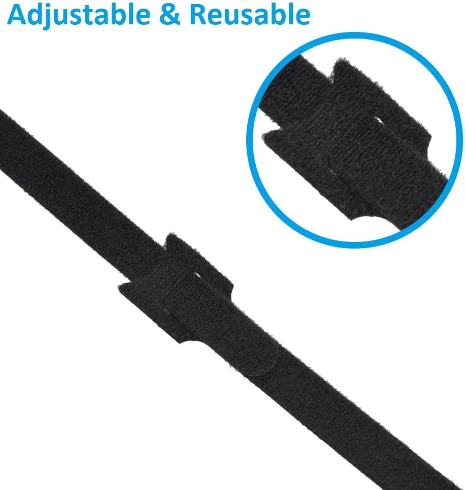 8" (100-Pack) Reusable Hook and Loop Self Gripping Black Fastening Cable Ties - Multipurpose Microfiber Cloth Cable Organizer Ties