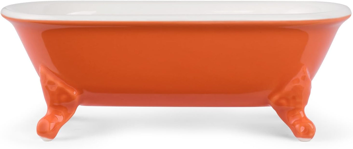 6.5" Ceramic Mini Decorative Clawfoot Bathtub Bar Soap Dish, Kitchen Sponge Holder and Shower Tray for Bathroom, 1 Pack(Dark Orange)