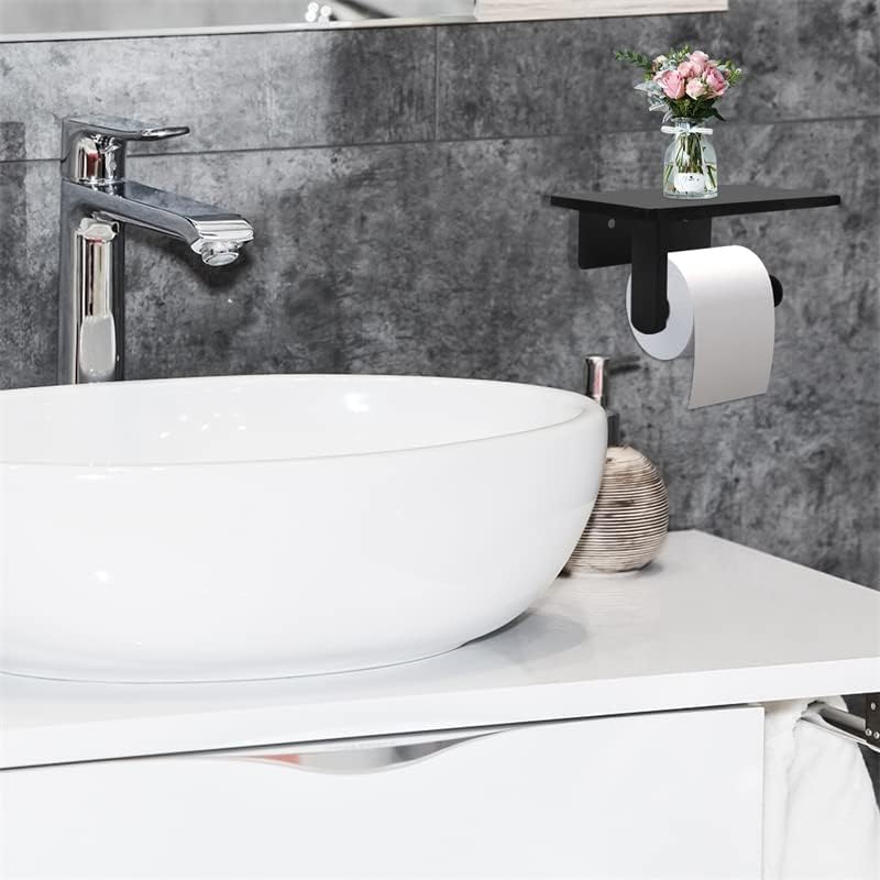 Toilet Paper Holder with Natural Marble Shelf for Bathroom Washroom,Wall Mounted Tissue Holder Suitable for Mega Roll (Middle 7.87 * 4.72 in, Black)