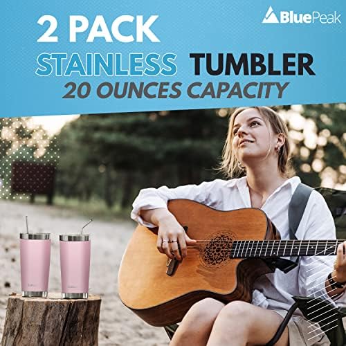 BluePeak Double Wall Stainless Steel Vacuum Insulated Tumbler Set, 2-Pack. Includes Sipping Lids, Spill-Proof Sliding Lids, Straws, Cleaning Brush & Gift Box (20oz, Pink)