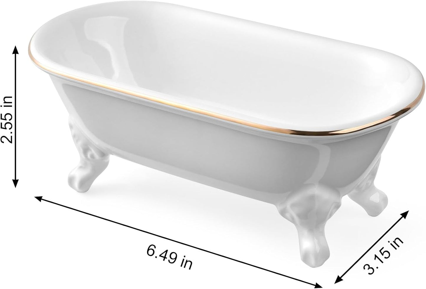 6.5" Ceramic Mini Decorative Clawfoot Bathtub Bar Soap Dish, Kitchen Sponge Holder and Shower Tray for Bathroom, 1 Pack (White Gold Rim)