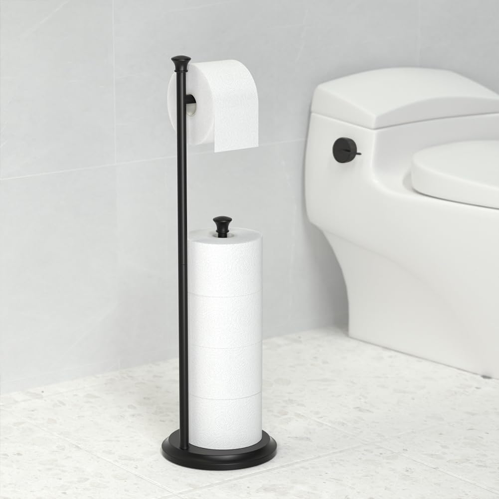 Toilet Paper Holder Free Standing, Black Toilet Paper Holder, Bathroom Storage for 5 Mega Rolls, 27.6”H