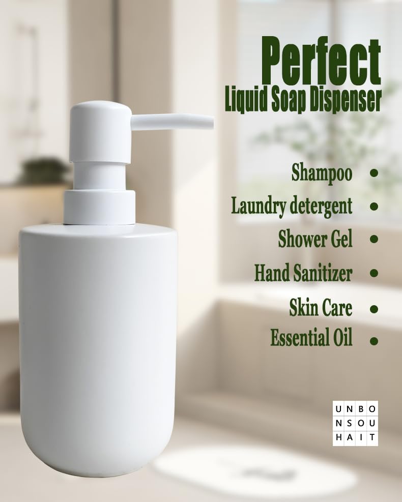Ceramic Hand Soap Dispenser with Plastic Pump - Simple Style, White Cylindrical Soap Dispenser for Bathroom and Kitchen
