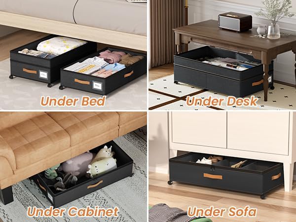 Under Bed Storage with Wheels, 72L XXL Under the Bed Storage Containers Large, 10‘’ Tall Adjustable Storage for Underbed with Lids, Rolling for Shoes, Clothes, Blankets, Black