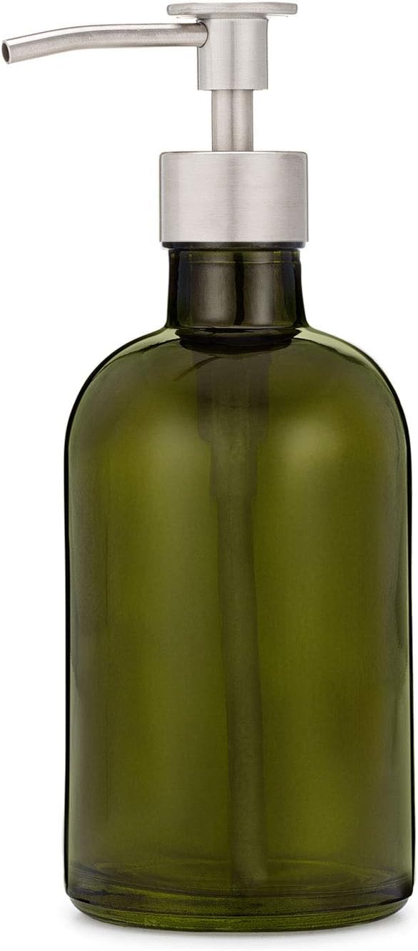 Rail19 Forest Green Glass Lotion & Soap Dispenser with Metal Pump, 8oz (Luxe Stainless)