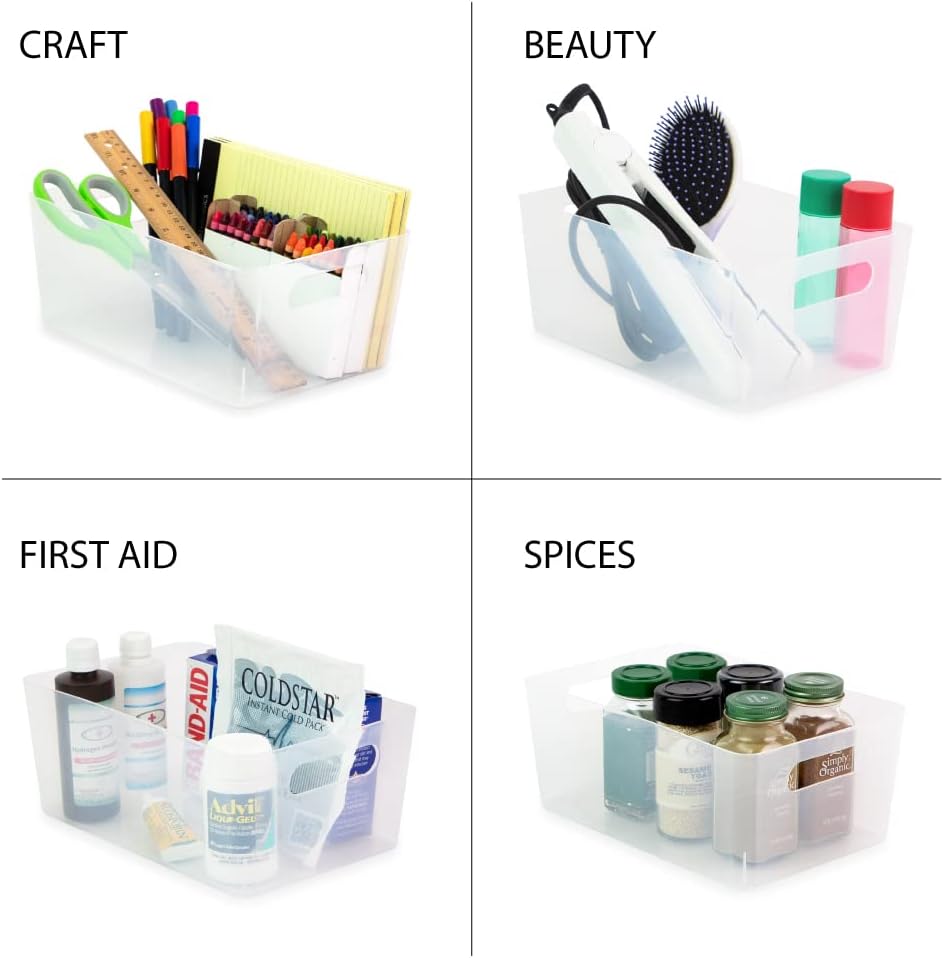 Isaac Jacobs 5-Pack Medium Clear Storage Bin (9.5” x 6.5” x 4”) Set w/Cut-Out Handles, Plastic Organizer, Multi-Use, Home, Office, Pantry, Closet, Kitchen