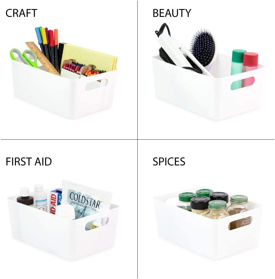 Isaac Jacobs 5-Pack Medium White Storage Bin (9.5” x 6.5”x 4”) Set w/Cut-Out Handles, Plastic Organizer, Multi-Use, Home, Office, Pantry, Closet, Kitchen