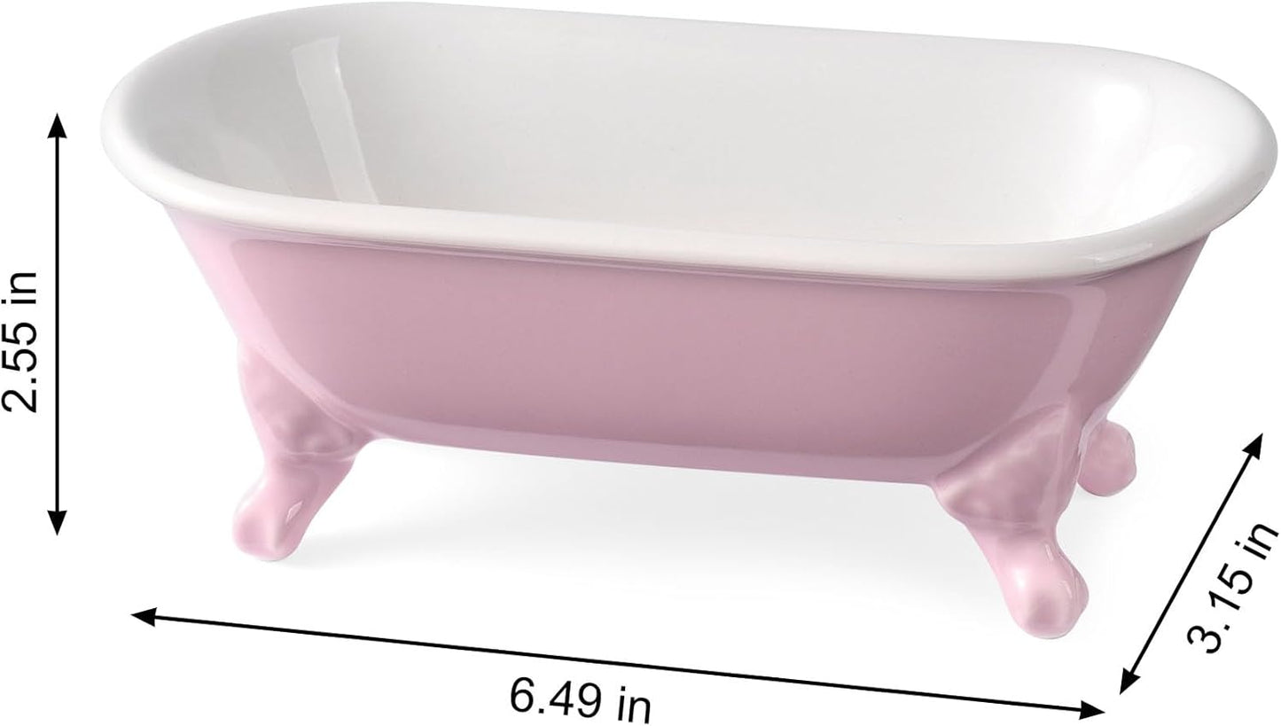 6.5" Ceramic Mini Decorative Clawfoot Bathtub Bar Soap Dish, Kitchen Sponge Holder and Shower Tray for Bathroom, 1 Pack (Pink)