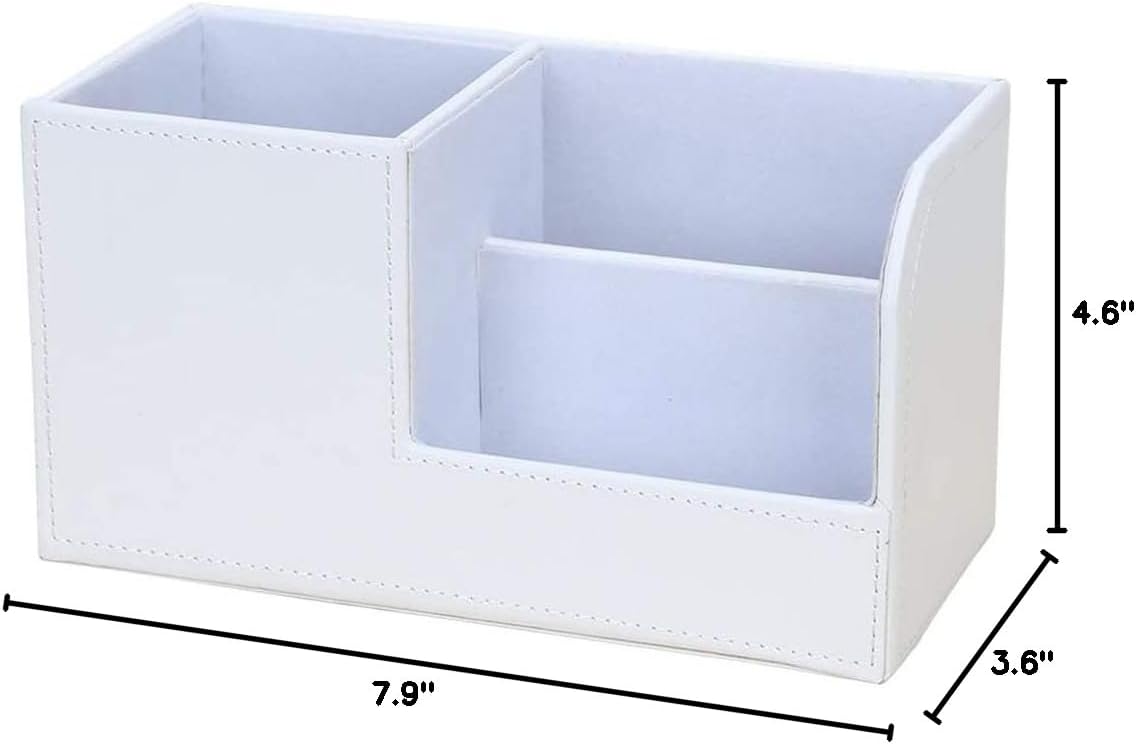 KINGFOM Desk Organizer Office Supplies Caddy Pu Leather Multi-function Storage Box Pen/Pencil,Cell phone, Business Name Cards Remote Control Holder White
