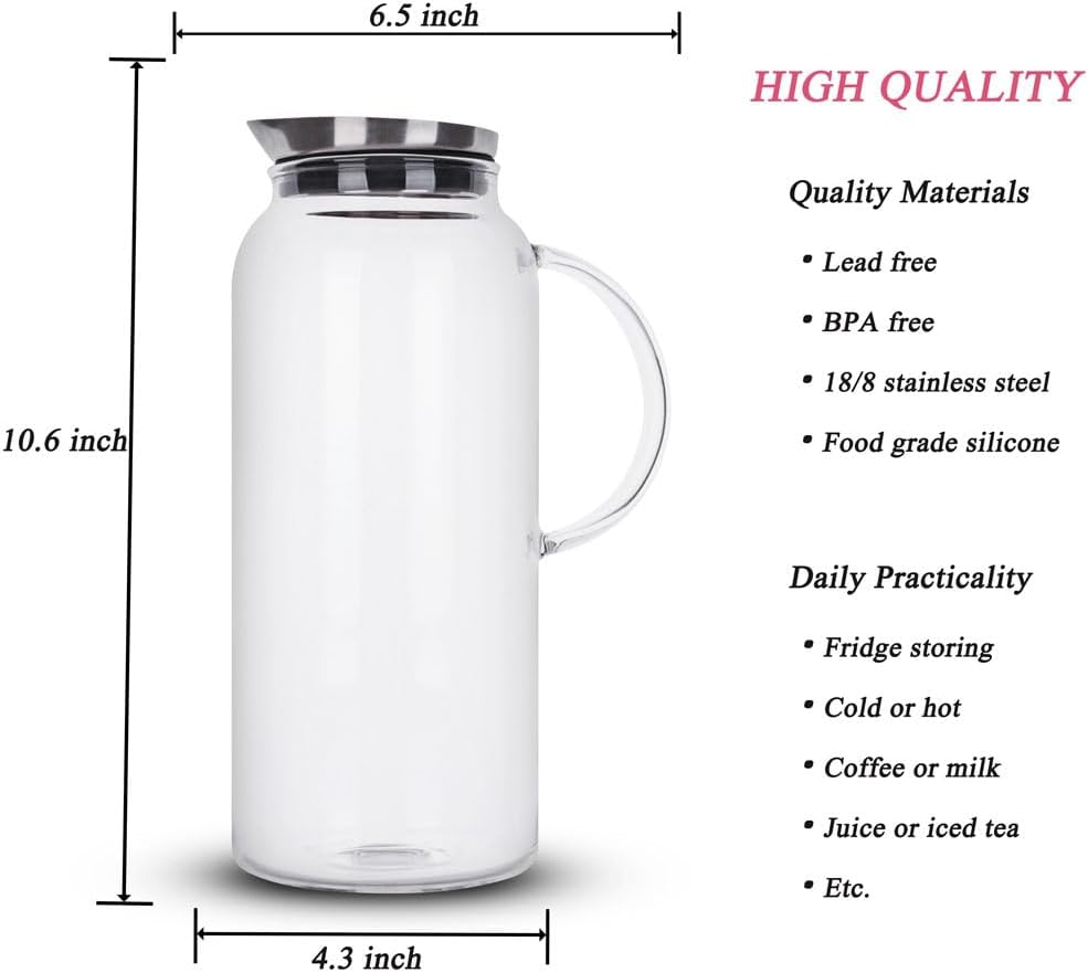 68 Ounces Glass Pitcher with Lid, Hot/Cold Water jug for Coffee, Lemonade, Iced Sun Tea,Beverage, Milk