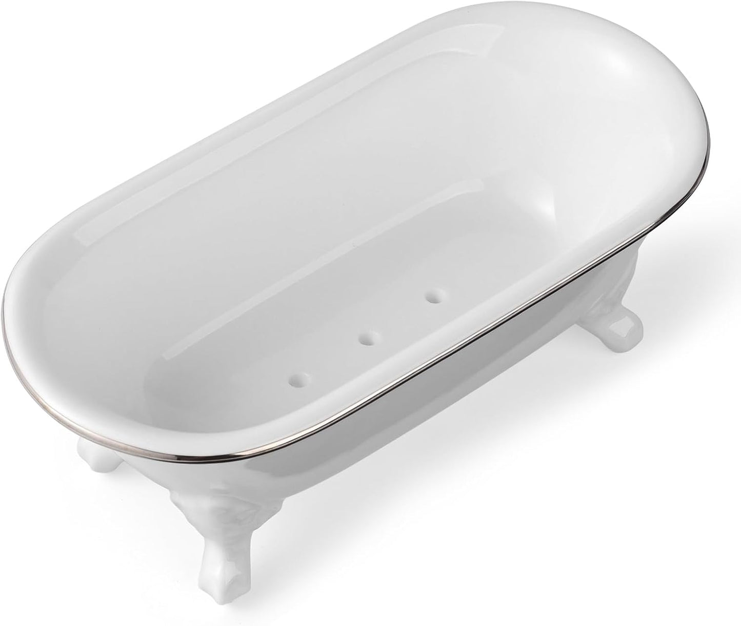 6.5" Ceramic Mini Decorative Clawfoot Bathtub Bar Soap Dish, Kitchen Sponge Holder and Shower Tray for Bathroom, 1 Pack (White Silver Rim)