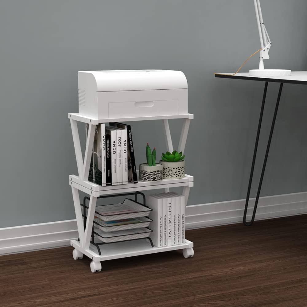 VEDECASA Retro Desktop Printer Stand 2 Double Tiers Wood Printer Shelf Rustic Industrial Farmhouse Wood Storage Book Shelf Organizor for Home Office Stylish Sturdy V Shaped (Dark Grey)