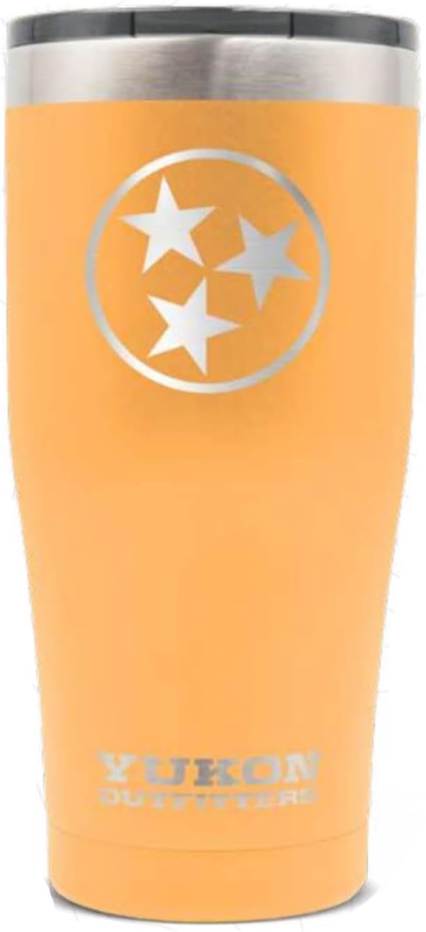 Yukon Outfitters Freedom High Grade 18/8 Corrosion-Resistant Stainless Steel Double Wall Vacuum Insulated Tumbler (20 oz/ 590ml) - 7.3" H x 3.4" Top dia. / 2.7" Bottom dia., TN Tri-Star Bright Peach