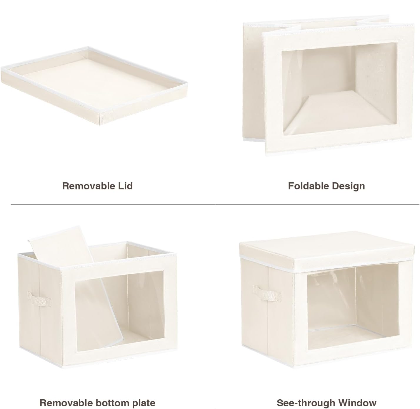 Storage Bins with Lids - Medium Storage Box with Lids, Foldable Closet Boxes for Organizing, Stackable Clothes Organizer with Window, Cubes Bins for Living Room, 5 Pack, Beige