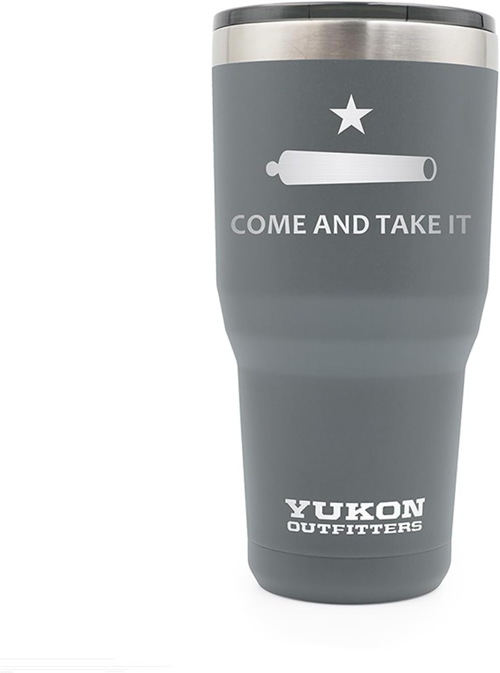 Yukon Outfitters Freedom High Grade 18/8 Stainless Steel Double Wall Vacuum Insulated Tumbler (30oz / 890ml) - 7.85" H x 3.9" Top Dia. / 2.9" Bottom dia., Charcoal with 'Come and Take It' engraving