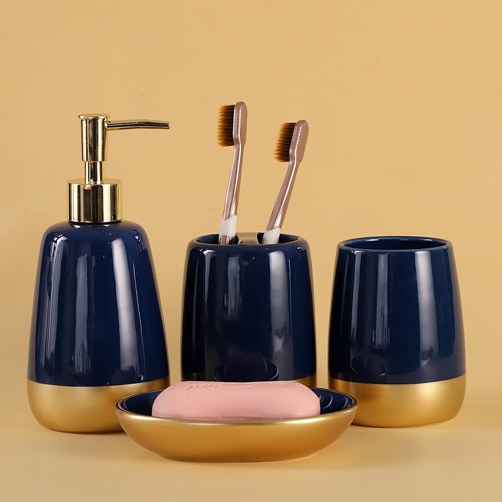 Navy Blue Gold Luxury Bathroom Accessories Set 4 Pieces,Vanity Countertop Ceramic Accessory Set for Bathroom Decor with Soap Dispenser,Toothbrush Holder, Tumbler,Soap Dish (Navy Blue)