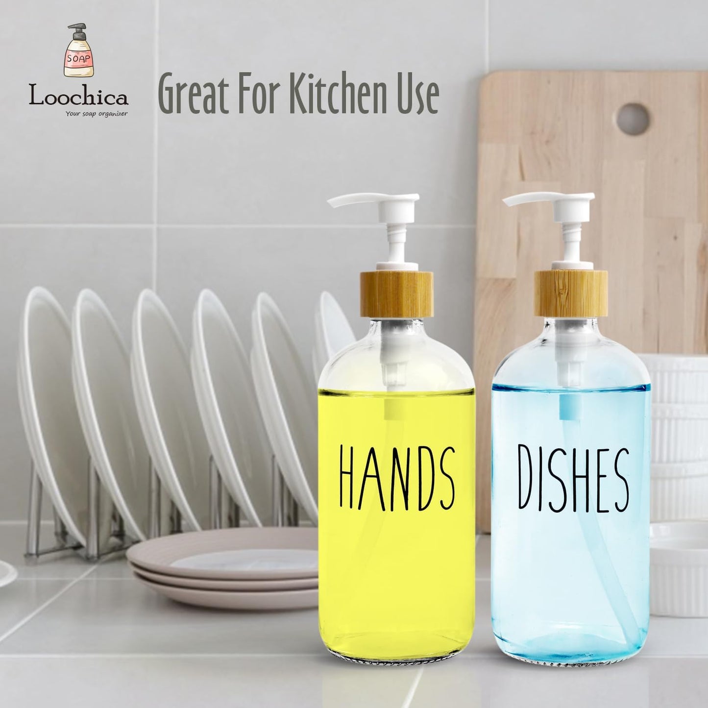 2 Pack Clear Glass Soap Dispenser with Plastic Pump, Transparent Dish and Hand Soap Dispenser Set, Refillable Reusable Apothecary Soap Pump Dispenser Bottles for Bathroom and Kitchen