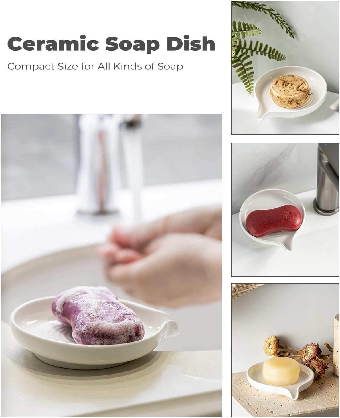 Self Draining Soap Dish, Ceramic Drain Soap Holder Waterfall Design Soap Saver for Shower, Bathroom, Sink, Kitchen and Countertop, Keeps Dry, White