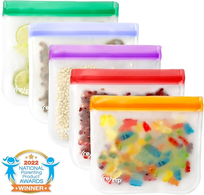 (re) zip 5-pack Reusable Sandwich Lunch Food Storage Bags (28 Fl Oz, 3.5 Cup) | BPA-Free, Food Grade, Leakproof, Freezer Safe, Dishwasher Safe, Travel Friendly | Jewel Tones for Easy Organization