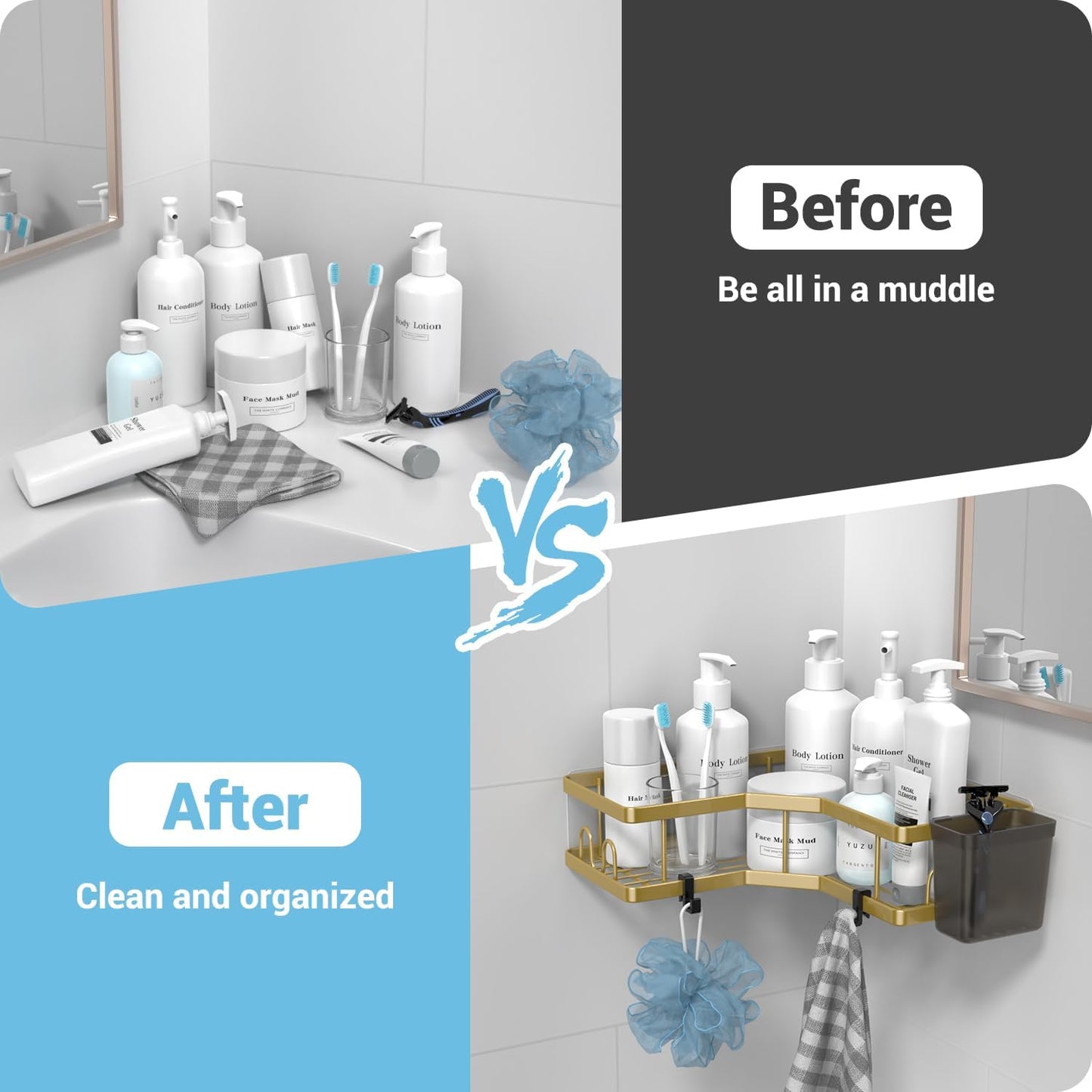 Corner Shower Caddy Organizer Shelf: 2Pack Adhesive Shower Rack, No Drilling Stainless Steel Shower Storage Shelves with Hooks&Toothpaste Holder for Bathroom Kitchen