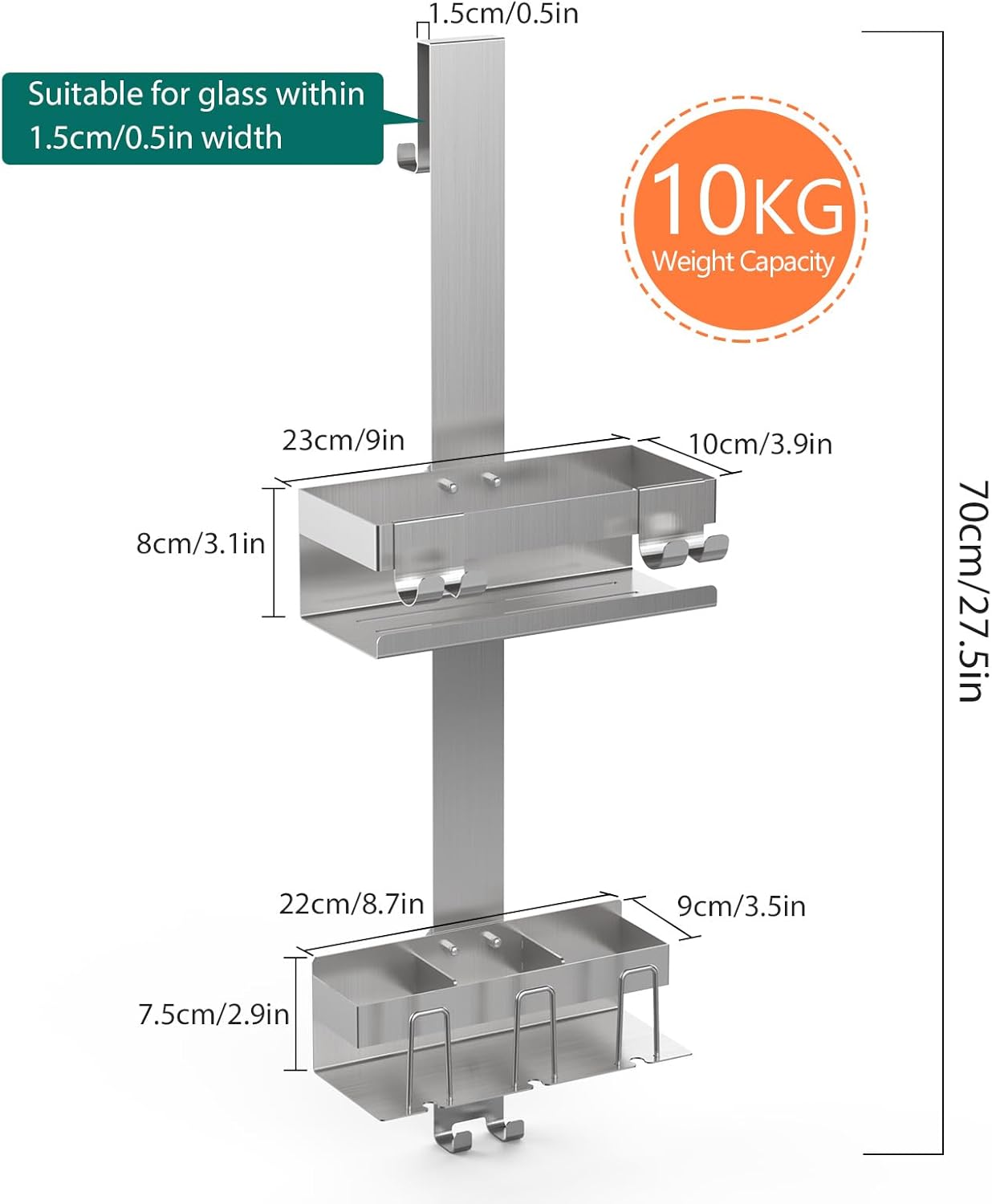 Emibele Over The Door Shower Caddy 2 Tier, 304 Stainless Steel Hanging Shower Caddy Rustproof Shower Shelves, No Drilling Hanging Shower Organizer for Bathroom Glass Door, Silver