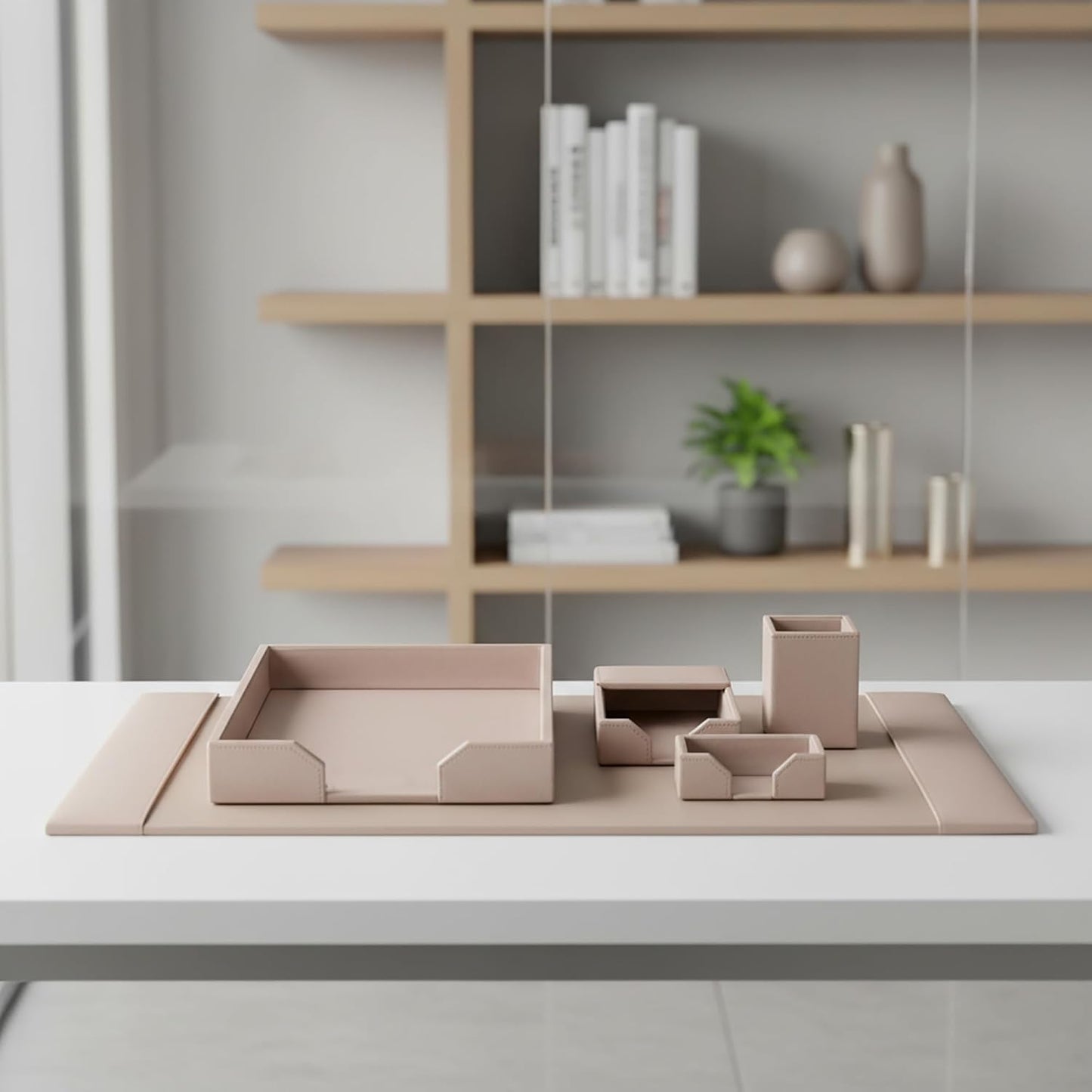 DACASSO Bonded Leather Desk Set - Luxury Leather Desk Pad & Desk Organization Essentials (White Latte, 5 Piece)