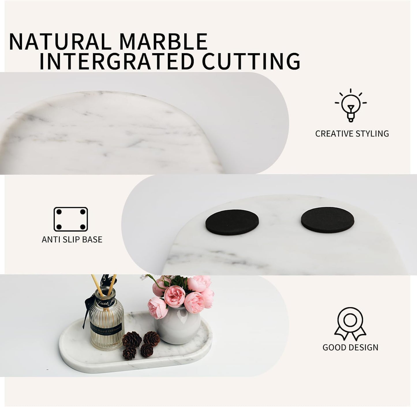 White Marble Vanity Tray for Bathroom Counter, 10"x5" Decorative Tray for Perfume, Candles, Stone Jewelry Dish Tray (White, 9.8X4.7)