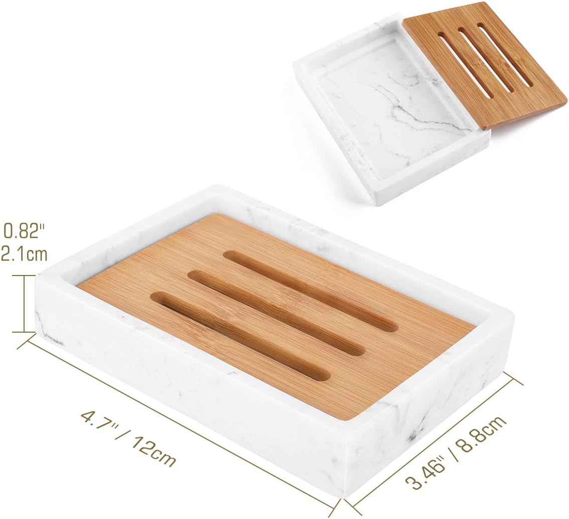 Luxspire Bamboo Soap Dish, Resin Soap Holder with Drainage, Wooden Soap Dish for Shower, Bathroom, Sink, Kitchen and Countertop, Gravel White
