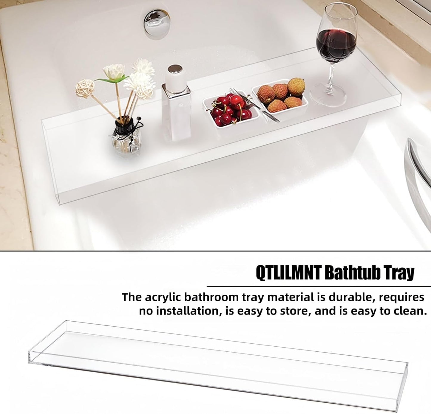 Acrylic Bathtub Tray, 32.28in Clear Bath Caddy, Bathroom Caddy Tray for Bathtub, Acrylic Bathtub Tub for Holds Soap, Towels, Paper Towels, Candles, Body wash, Shampoo, Plants