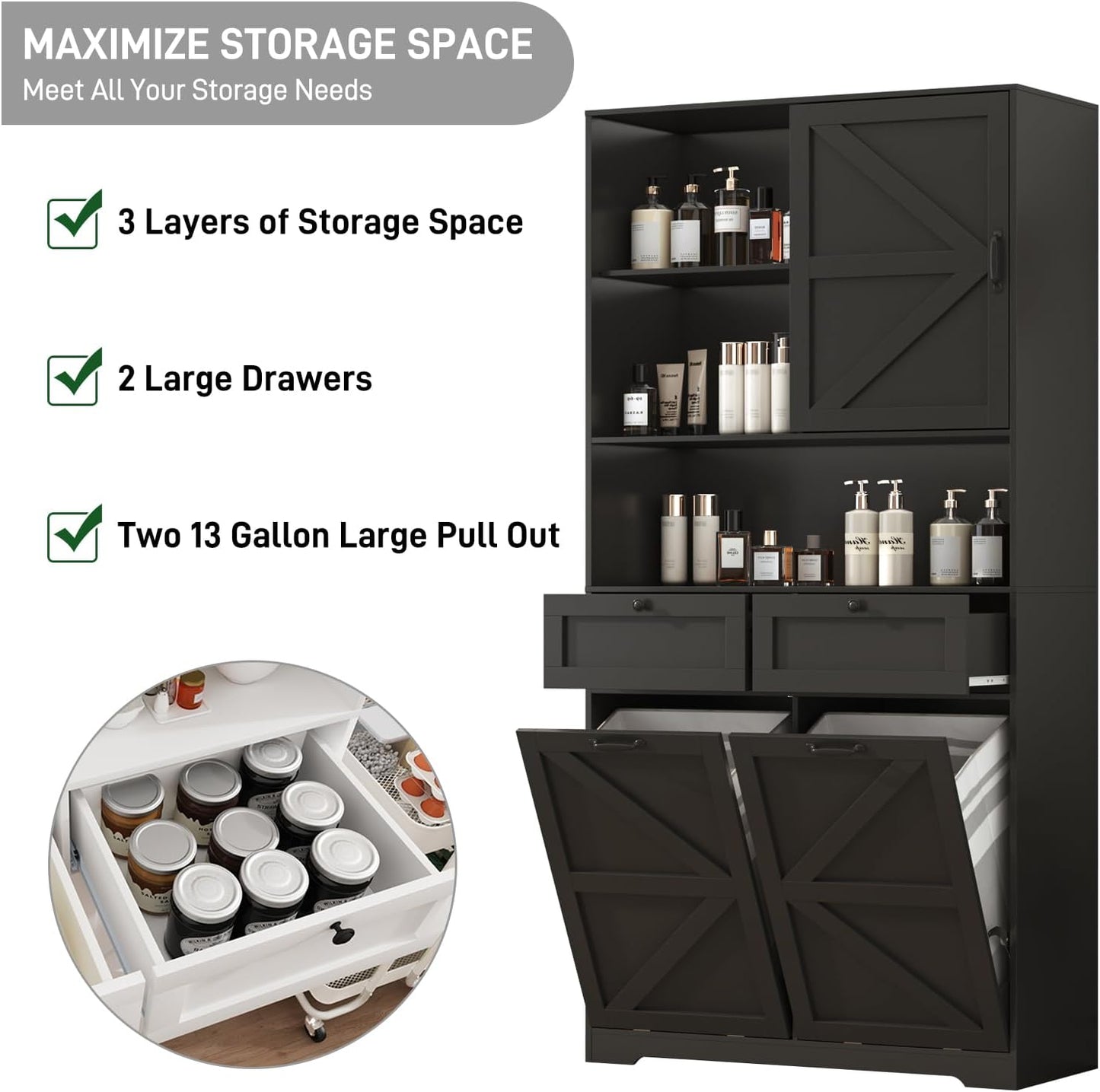 78" Tall Tilt-Out Double Doors Laundry Cabinet Hamper w Hidden Laundry Hamper,Large Pull Out Laundry Room Storage Cabinets,Kitchen Double Tilt Out Trash Cabinet,13X2 Gallon Bathroom Organizers(Black)