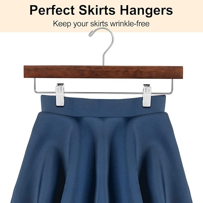 AMKUFO 20pcs Wooden Pants Hangers Solid Pants Hangers with Adjustable Clips 14 Inch Walnut Wood Skirt Hangers Trousers Bottom Hanger with Non-Slip Clips and 360° Swivel Hook