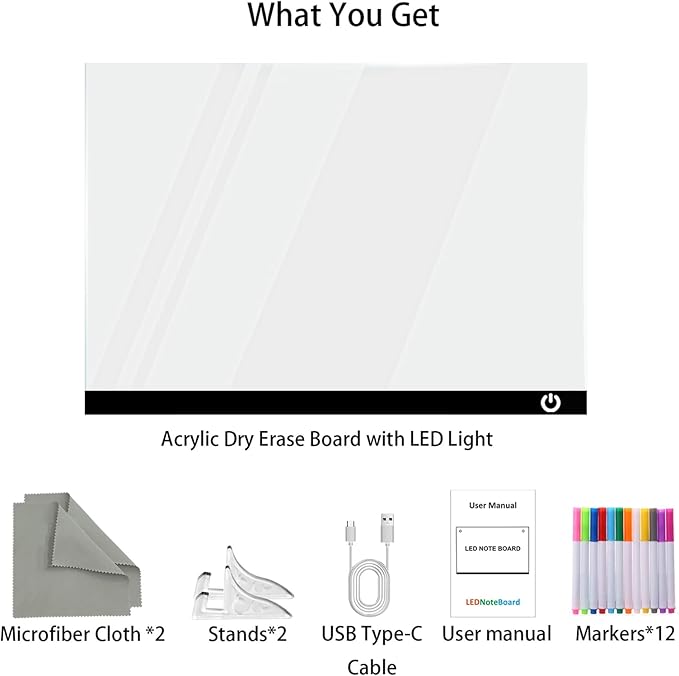 LED Note Board with Colors 12-Color Illuminated Acrylic Drawing Board - Dry-Erase Night Light with Stand for Home/Office/Gift/Festival (12" W x 8.5" H (Black))