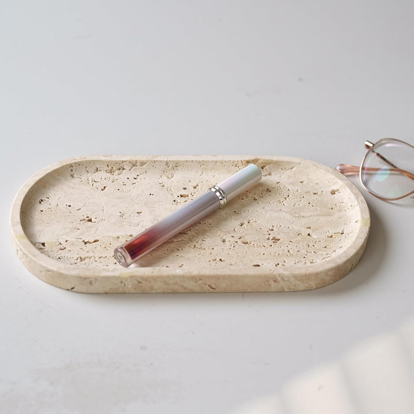 Beige Travertine Vanity Tray | Natural Stone Bathroom Organizer | Perfume & Jewelry Storage for Spa, Bedroom, Kitchen | Non-Slip Waterproof Design,11.8"x7.8"x0.6"